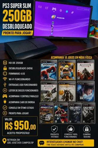 Vendo PS3 Super Slim 250GB Desbloqueado + 10 Jogos - Funcionando Perfeitamente