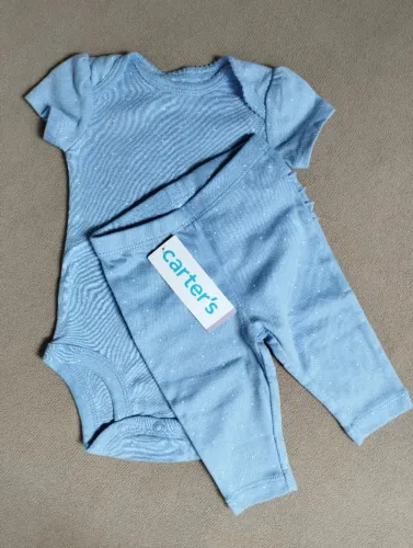 Conjunto Carters bebê menina manga curta azul e bolinhas 3m