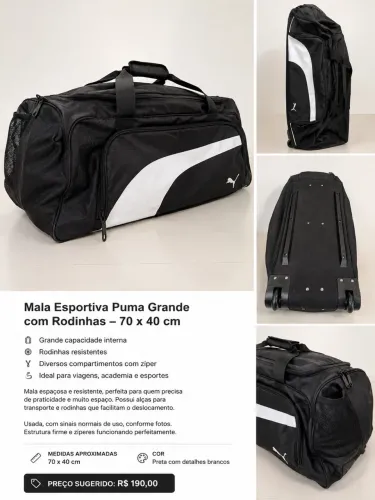 Mala Esportiva Puma Grande com Rodinhas - 70 × 40 cm