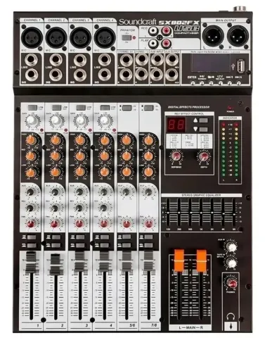Mesa de som soundcraft com muticabo e rack com dois microfone sem fio 
