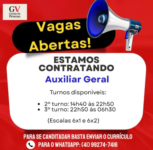 OPORTUNIDADE DE TRABALHO - AUXILIAR GERAL (CIC) | INÍCIO IMEDIATO