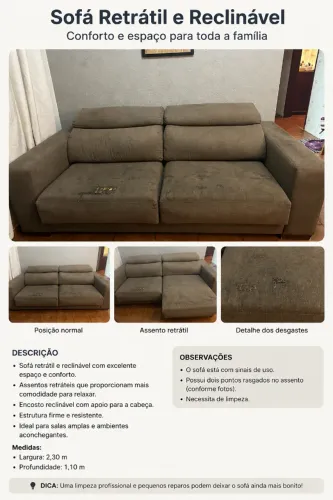 Sofá Retrátil e Reclinável 2,30m Marrom - Confortável e Espaçoso