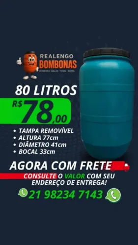 Bombona Galão Tonel Barril Tambor Bombonas 80 litros pra Água Gelo Ração Filtro Óleo Suco 