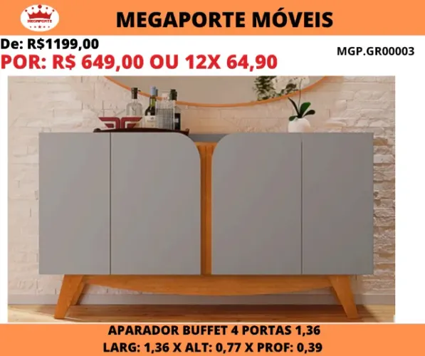 Aparador Buffet Cerrado 4 Portas 1,36m