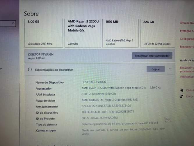 notebook acer 222gb armazenamento 8gb ram 1010mb placa