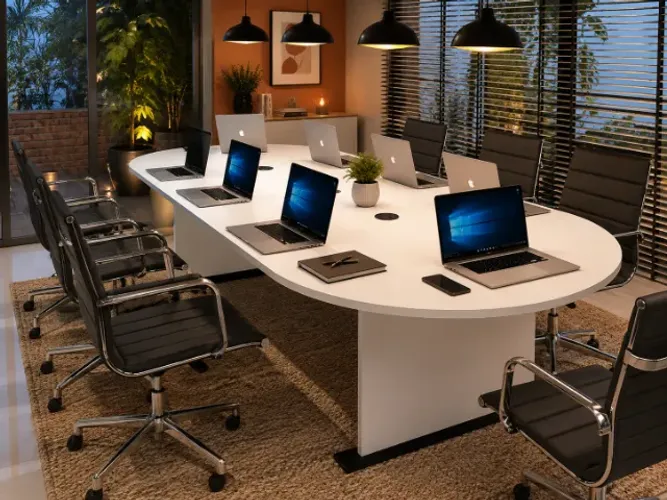 Mesa de Reunião Oval Base Em Madeira Maciça com MDF: L240cm x L90cm x A74cm.