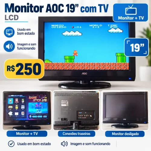 Monitor TV AOC 19? LCD com Controle Remoto - R$ 250
