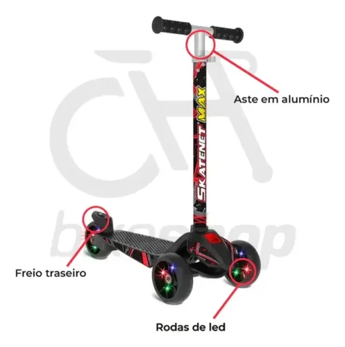Patinete Infantil - Skatenet Bandeirante Max Led - Vermelho e Preto
