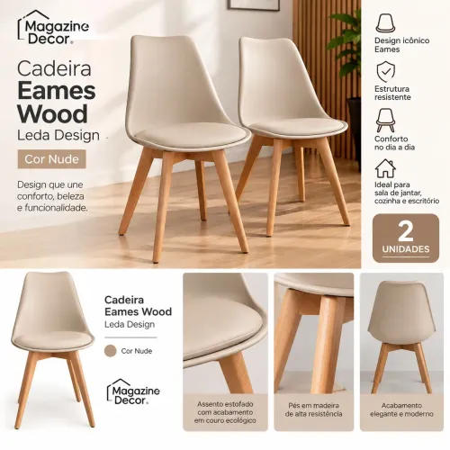 Kit com 2 Cadeiras Eames Wood Leda Design - Cor Nude