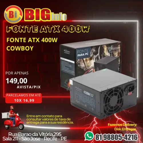 Fonte Gamer Atx 24 Pinos 400w Bivolt Cowboy