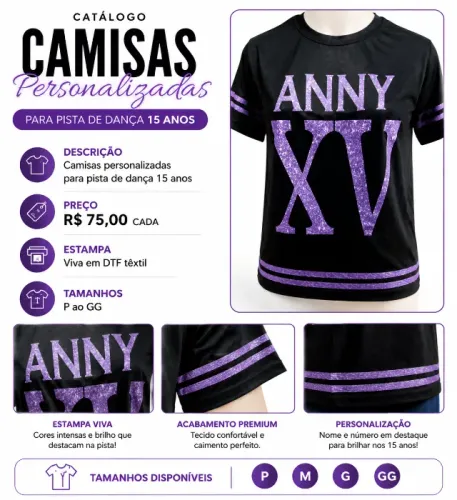 Camisas personalizadas para pista de dança 15 anos