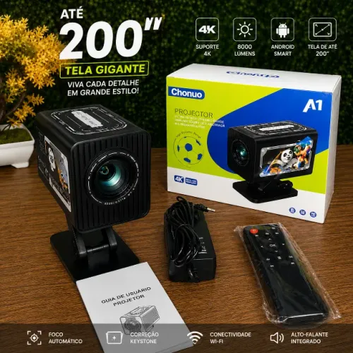 Projetor Chonuo A1 Smart HD com Suporte 4K Wi-Fi HDMI USB