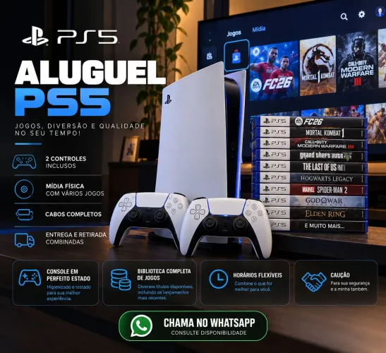 Aluguel de PS5 com 2 Controles + Jogos | R$ 89,99 a Diária