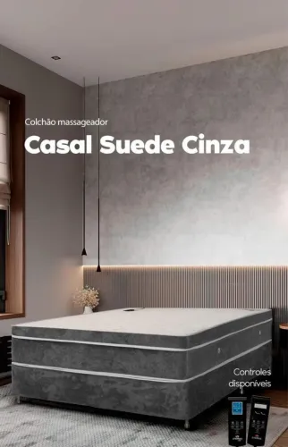 Cama Casal Massageadora Magnética | Colchão Cromos Premium Suede Plus Cinza + Base