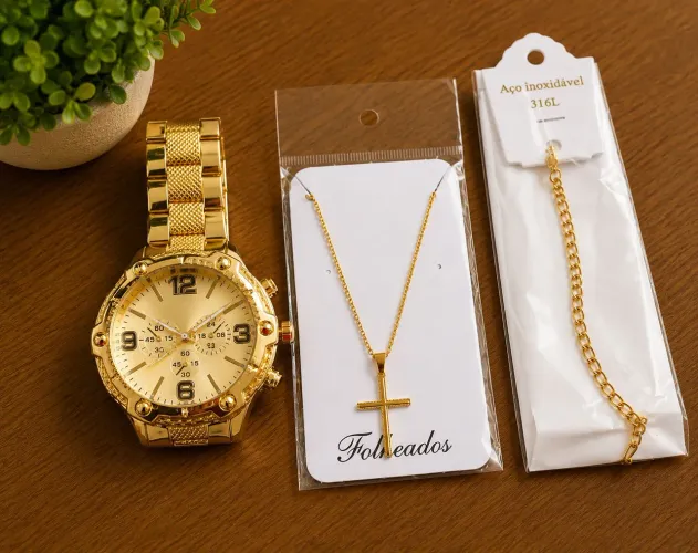 Kit Masculino Luxo Relógio Dourado + Corrente com Cruz + Pulseira Aço Inoxidável