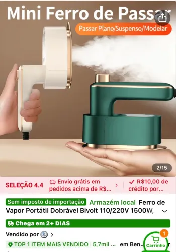 Ferro de Vapor Portátil Dobrável Bivolt 110/220V 1500W, Base Giratória
