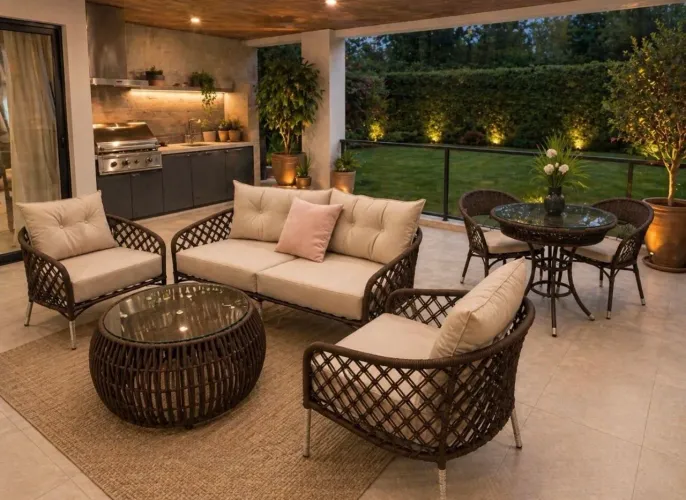 Kit conjunto de sofa área externa + mesa bistrô com 2 poltronas ou 4 banquetas 