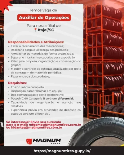 Auxiliar de Operações - Itajaí/SC | MAGNUM TIRES