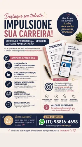 IMPULSIONE SUA CARREIRA! CURRÍCULO PROFISSIONAL + LINKEDIN + CARTA DE APRESENTAÇÃO