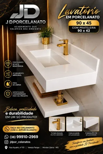 lavatório esculpido em porcelanato 83x45 com prateleira
