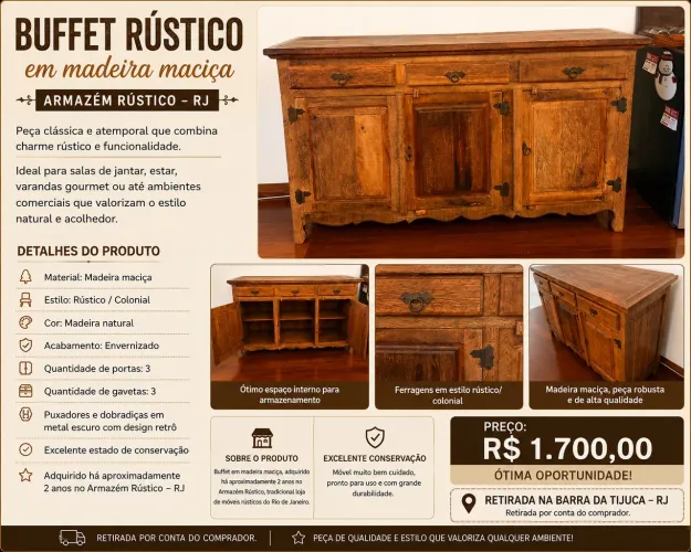 Buffet Rústico em Madeira Maciça