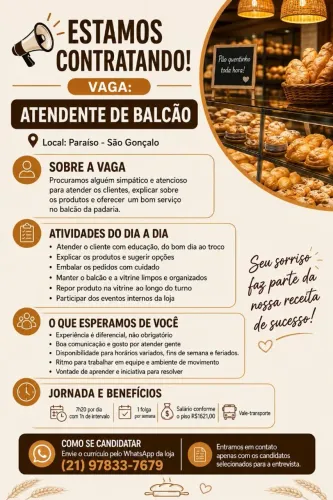 Vaga Atendende de Balcão - Padaria