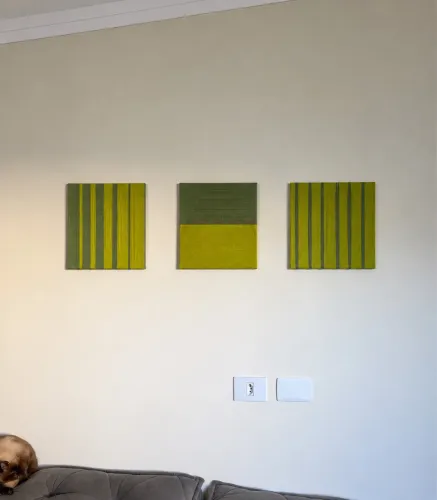 Trio de quadros decorativos arte têxtil 30x30cm