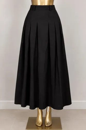 Saia Midi Preta Plissada Elegante - Cintura Alta