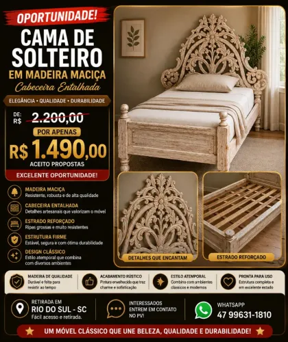 Cama de solteiro em madeira maciça