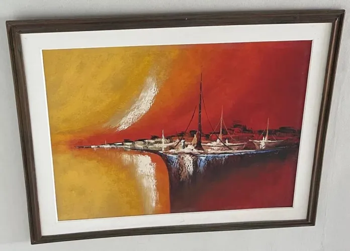 Lindo Quadro a Óleo Grande Original de Rossi - Arte abstrata tela sobre oleo com barcos