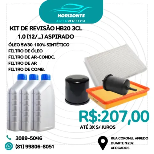 kit revisão filtros e óleo 5w30 100% sintético hb20 1.0 3 cilindros 2012/