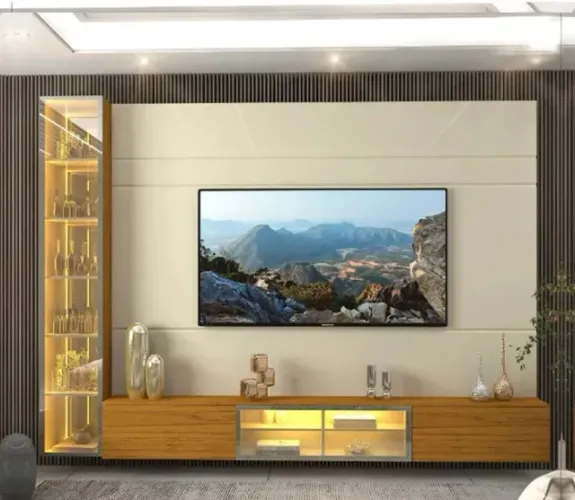 sala home rack com cristaleira