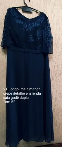 Vestido Longo Azul Marinho com Renda e Manga Curta - Tam 52