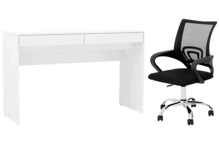  Conjunto Escrivaninha branca com duas gavetas e cadeira