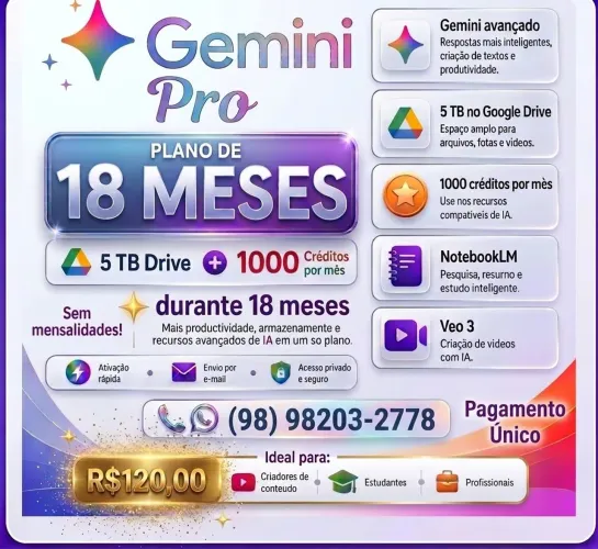 Gemini Pro - IA Avançada (18 Meses) + 5 TB de Armazenamento