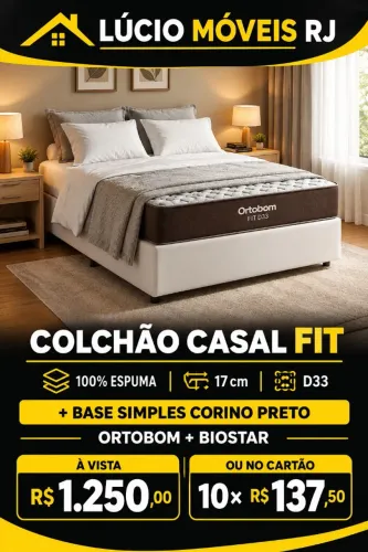 Colchão Casal Fit 100% Espuma 17 cm D33 + Base Simples Corino Preto - ORTOBOM + BIOSTAR