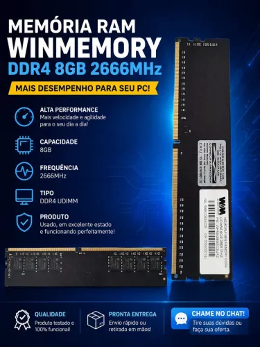 MEMÓRIA RAM WINMEMORY DDR4 8GB 2666MHz - Excelente Estado!