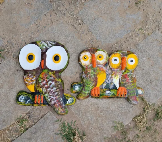2 Quadros Corujas Decorativas de Cimento - Peça Artesanal para Jardim ou Área Externa