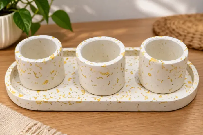 Kit Prestígio em Granilite Artesanal - Bandeja Oval G + 3 Cachepots