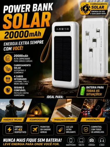 POWER BANK SOLAR 20.000mAh - SUA BATERIA DE EMERGÊNCIA!