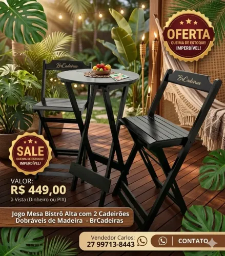 JOGO MESA BISTRO ALTA COM 2 CADEIRÃO MADEIRA