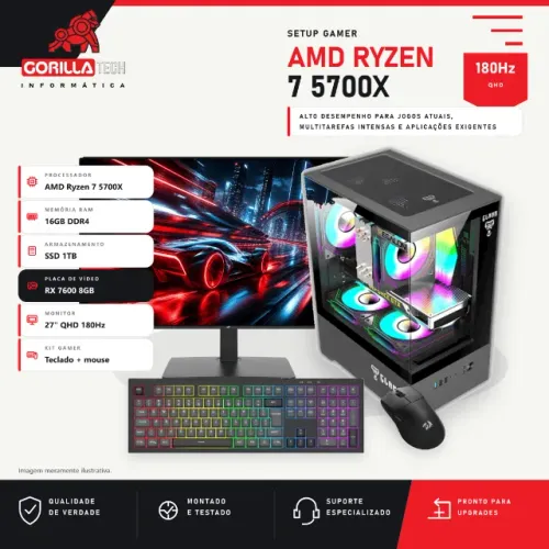 Setup Gamer Completo Ryzen 7 5700X RX 7600 8GB 16GB SSD 1TB Monitor 27 180Hz Teclado Mouse