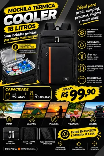 Mochila Térmica Cooler 18L Impermeável Preta - Ideal para Praia, Camping e Viagens
