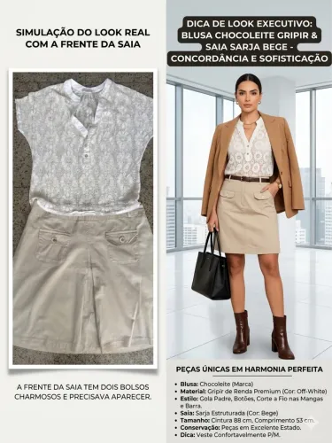 Saia Sarja Bege tam 46 + Blusa Feminina Renda Gripir Chocoleite