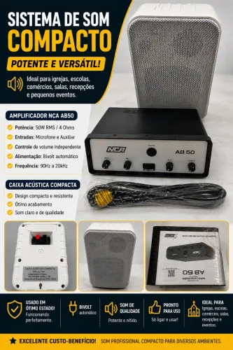 CAIXA ACÚSTICA COMPACTA + AMPLIFICADOR NCA AB50 - ÓTIMA OPORTUNIDADE!