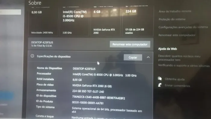 PC Gamer RTX 2060 6GB + i5-8500 | SSD | RGB + Teclado e Mouse Gamer