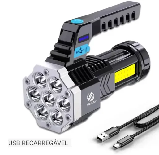  LANTERNA COM 07 FEIXES DE LUZ RECARREG ALTA POTÊNCIA USB, COB, COM ALÇA.