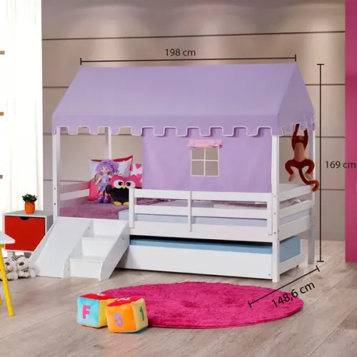 Cama infantil com escorrega, bicama, telhado e janela