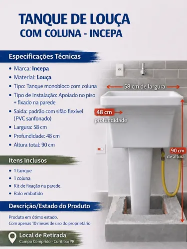 TANQUE DE LOUÇA COM COLUNA - INCEPA