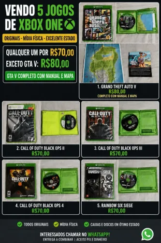 Jogos Xbox One Originais - GTA V, COD Black Ops 2, 3 e 4 e rainbow six siege